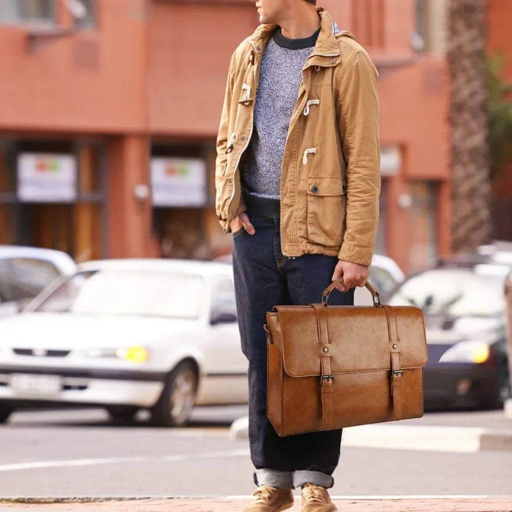 Men's Brown Leather Waterproof Messenger bag 15.6 Inch